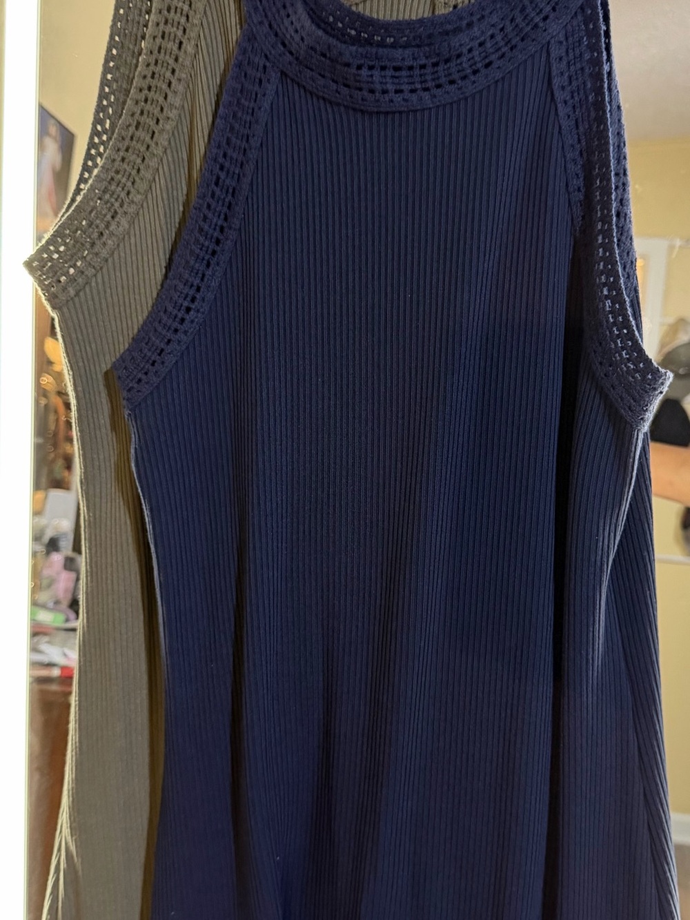 Sleeveless Ribbed Knit Maxi Dress in Olive / Blue Two Pieces Set - Picture 2 of 2